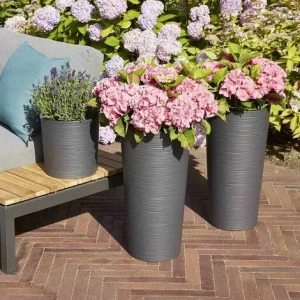 SIENA GARDEN Pflanzgefäß LOCON, Graphit Rillenoptik, Ø 25 X 46,5 Cm Kunststoffgefäß Mit Einsatz 9